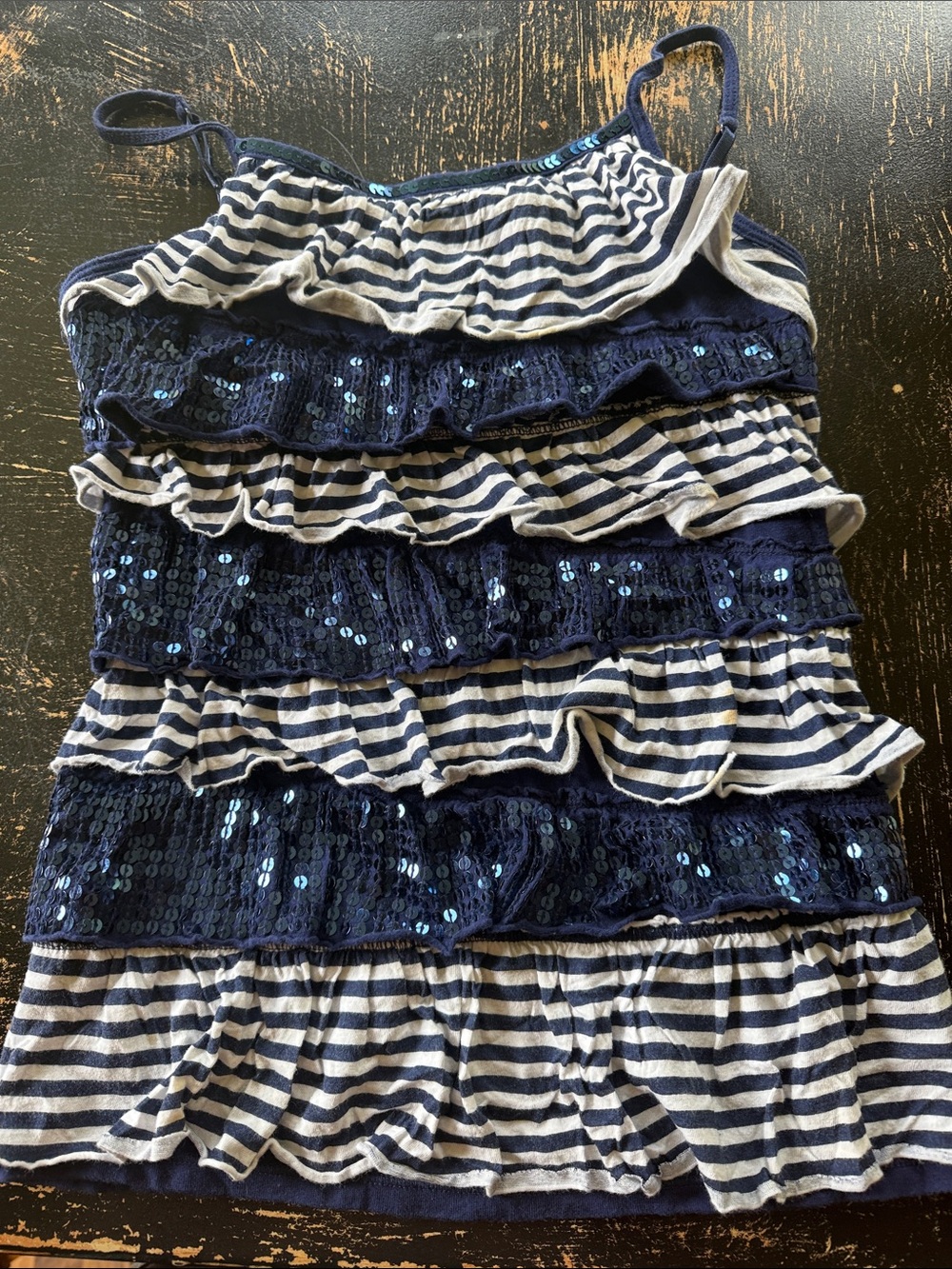 Justice Navy and White Striped Ruffle Sequin tank top